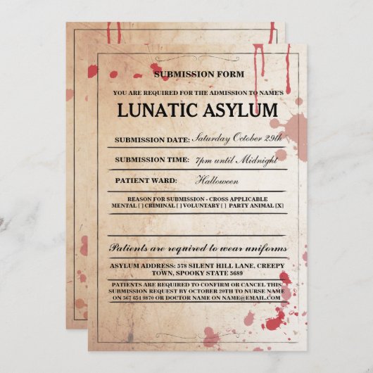Lunatic Asylum Form Halloween Party Invite Kaart (Voorkant / Achterkant)