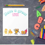 Lunch tijd liefde voor kinderen gepersonaliseerde  notitieblok<br><div class="desc">Lunch tijd liefde voor kinderen gepersonaliseerde eten cartoon Notitieblok Gebruik dit notitieblok voor een goede noot voor uw kind (of vrouw, man, etc) lunchbox elke dag. Personaliseer je met jouw naam of de hunne! Deze gepersonaliseerde lunchbox liefdesbriefjes zijn geweldig voor iedereen om wat gejuich te sturen tijdens de lunch. Vooral...</div>