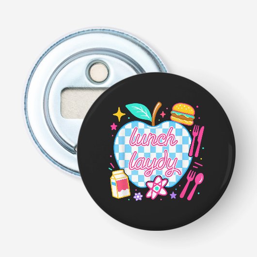 Lunchdame terug naar school geruit eerste dag button flesopener (Voorkant)
