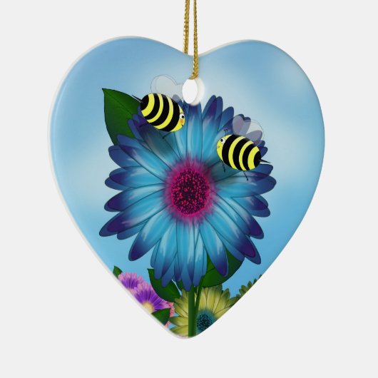 Lunchdatum bijen op Blue Flower Keramisch Ornament (Rechts)