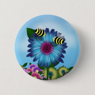 Lunchdatum bijen op Blue Flower Ronde Button 5,7 Cm