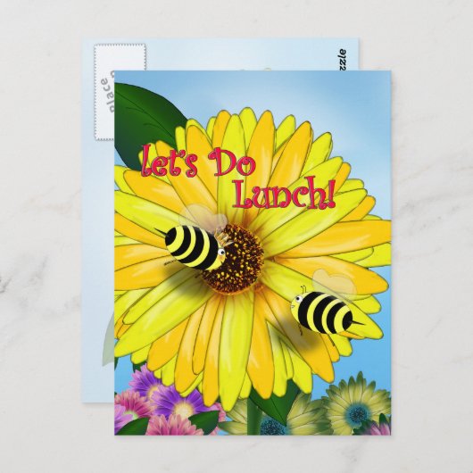 Lunchdatum bijen op Yellow Flower Briefkaart (Voorkant / Achterkant)