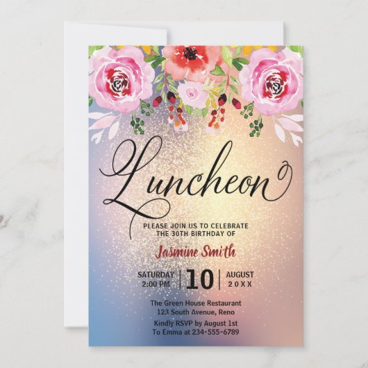 Luncheon Floral Gold Glitter Birthday Kaart (Voorkant)