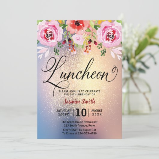 Luncheon Floral Gold Glitter Birthday Kaart (Staand voorkant)