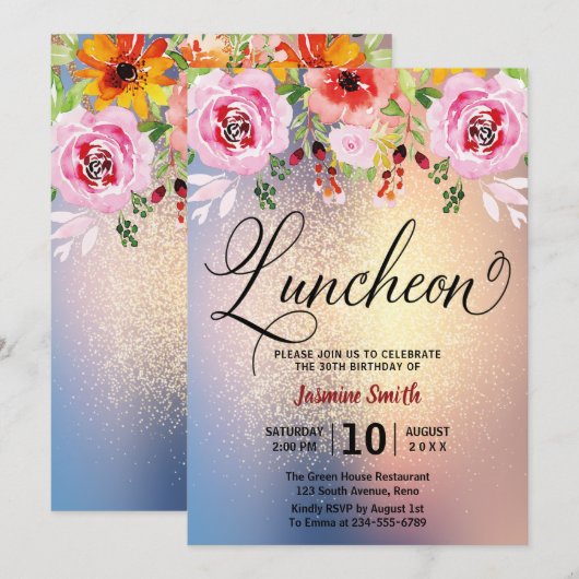 Luncheon Floral Gold Glitter Birthday Kaart (Voorkant / Achterkant)