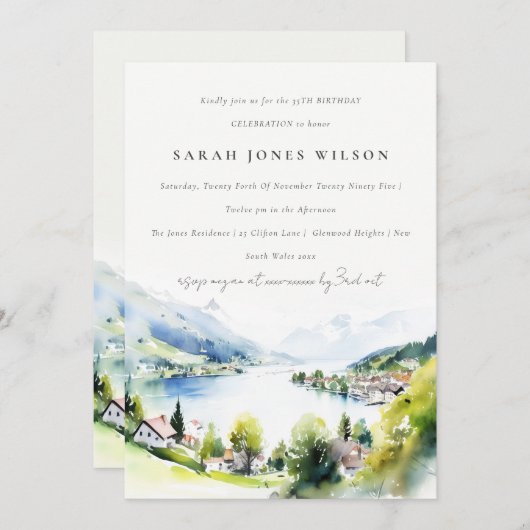 Lungern Switzerland Landscape Watercolor Birthday Kaart (Voorkant / Achterkant)