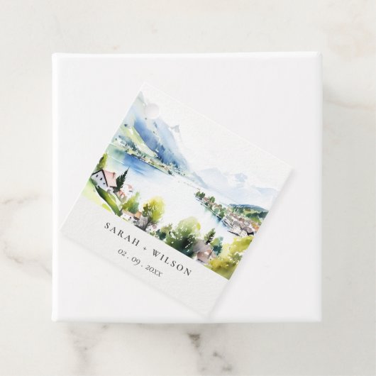 Lungern Switzerland Watercolor Landscape Wedding Bedankjes Labels (In situ)