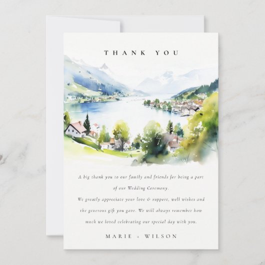 Lungern Switzerland Watercolor Landscape Wedding Bedankkaart (Voorkant)