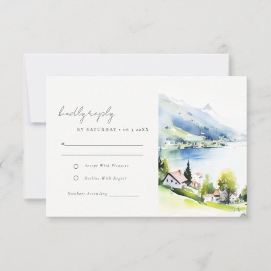 Lungern Switzerland Watercolor Landscape Wedding RSVP Kaartje (Voorkant)
