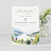 Lungern Switzerland Watercolor Landscape Wedding Save The Date (Staand voorkant)