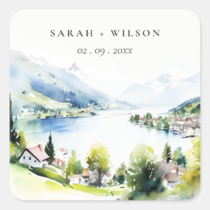 Lungern Zwitserland Aquarel Landschap Bruiloft Vierkante Sticker