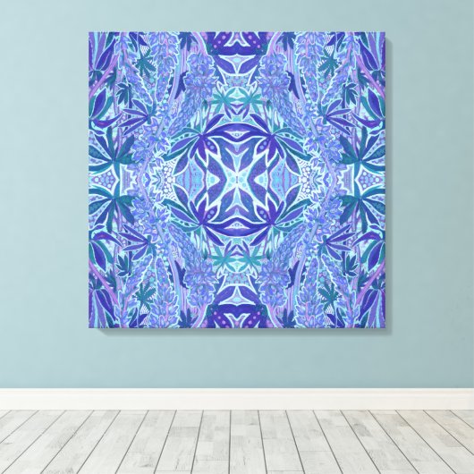 Lupine Flower Bohemian Arabesque Pattern Blue Blau Canvas Afdruk (Insitu (Houten vloer))