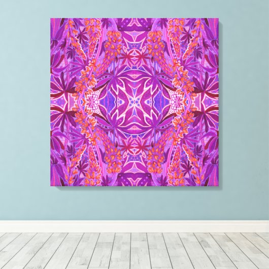 Lupine Flower Bohemian Boho Arabesque Pattern roze Canvas Afdruk (Insitu (Houten vloer))