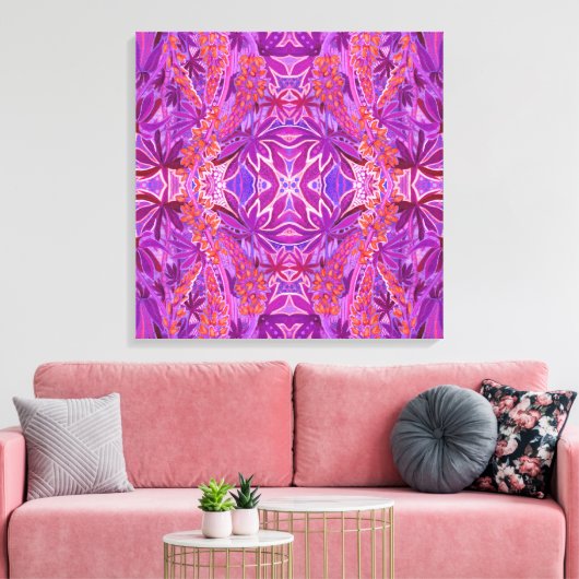 Lupine Flower Bohemian Boho Arabesque Pattern roze Canvas Afdruk (Insitu (Woonkamer))
