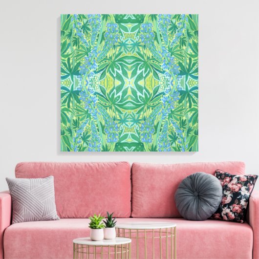 Lupine Flowers Bohemian Arabesque Pattern Green Canvas Afdruk (Insitu (Woonkamer))