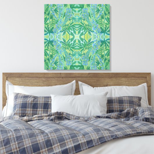 Lupine Flowers Bohemian Arabesque Pattern Green Canvas Afdruk (Insitu (Slaapkamer))