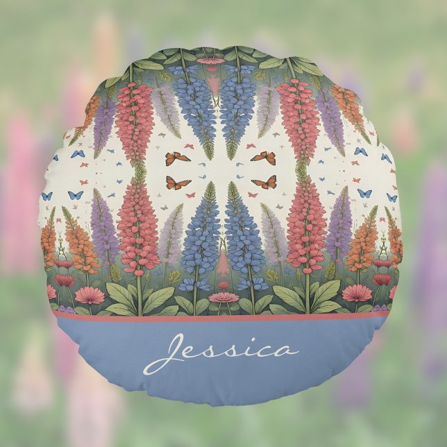 Lupine Flowers n Butterflies  Monogram Rond Kussen (Creator heeft geüpload)