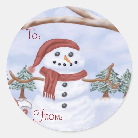 Lura's Winter Sneeuwman Kerstlabels Ronde Sticker (Voorkant)