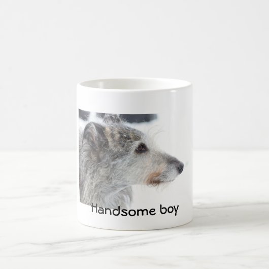 Lurcher-hond in sneeuw, knul koffiemok (Center)