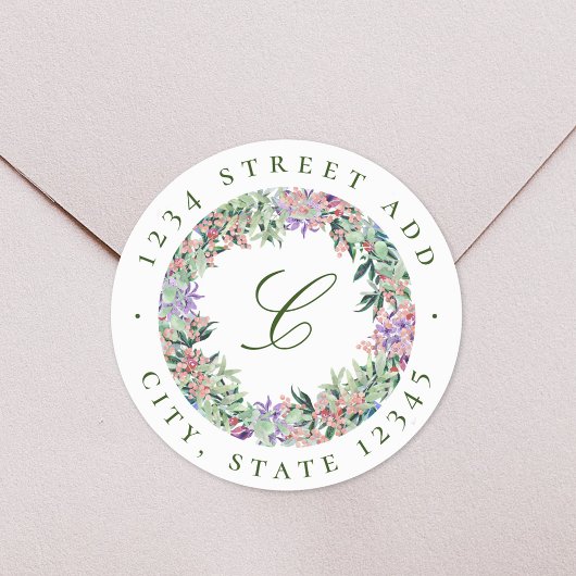 Luscious Floral Wreath Monogram Retouradres Ronde Sticker