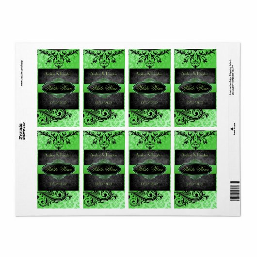 Luscious  Groen Scroll Bruiloft Wijn Label (Full Sheet)