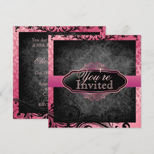 Luscious  Pink Scroll Birthday Invitations Kaart (Voorkant / Achterkant)