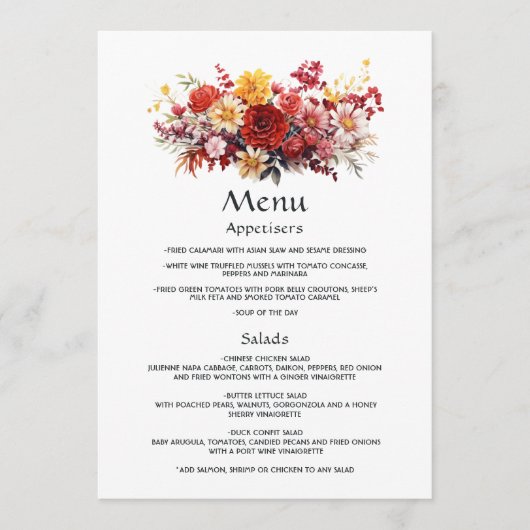 Luscious Red Floral Wedding Menu (Voorkant)