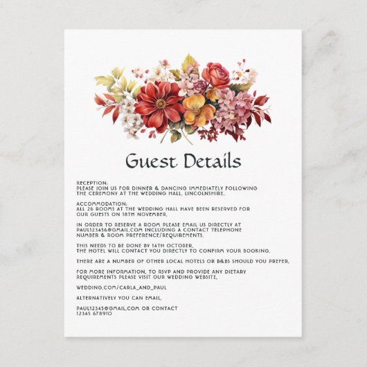 Luscious Rode Bloemen Bruiloft Gast Details Informatiekaartje (Voorkant)