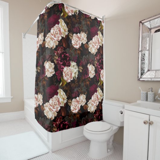 Lush barokke antiek pony bloemen op zwart douchegordijn (In situ)