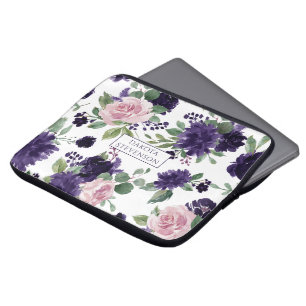Lush Blossom   Monogram Paars en roze patroon Laptop Sleeve