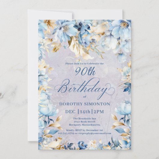 Lush Blue White Waterverf Floral 90th Birthday Kaart (Voorkant)