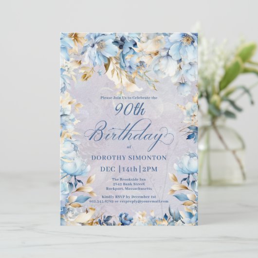 Lush Blue White Waterverf Floral 90th Birthday Kaart (Staand voorkant)