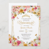 Lush Blush Elegant Floral Buttefly Quinceanera Inv Kaart (Voorkant / Achterkant)