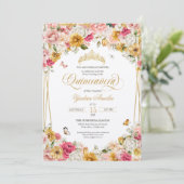Lush Blush Elegant Floral Buttefly Quinceanera Inv Kaart (Staand voorkant)