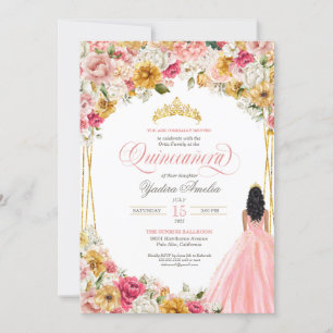 Lush Blush Pink Yellow Floral & Gown Quinceanera Kaart
