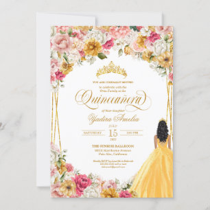 Lush Blush Pink Yellow Gold Floral Quinceanera Kaart