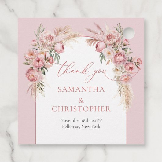 Lush boeket blush pioenrozen bloemenboog pampa's bedankjes labels (Achterkant)