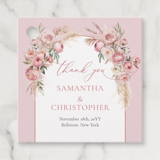 Lush boeket blush pioenrozen bloemenboog pampa's bedankjes labels (Voorkant)