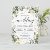 Lush boho groen loof eucalyptus gouden bruiloft kaart (Staand voorkant)