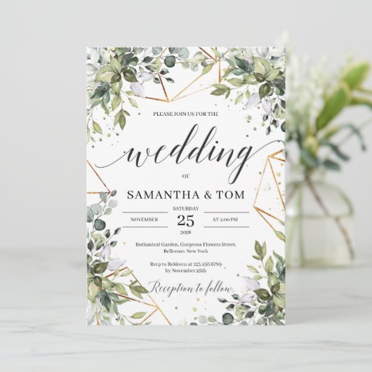 Lush boho groen loof eucalyptus gouden bruiloft kaart (Staand voorkant)