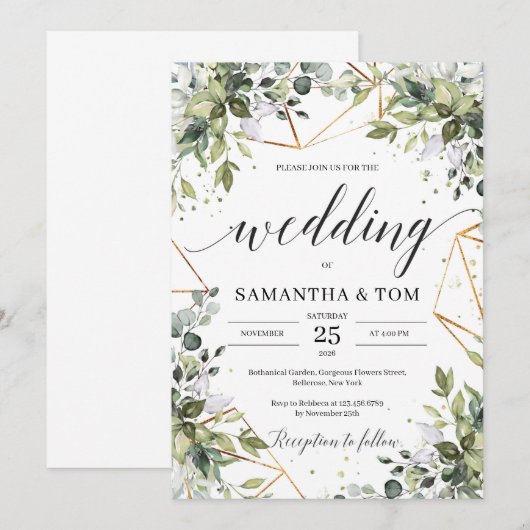 Lush boho groen loof eucalyptus gouden bruiloft kaart (Voorkant / Achterkant)