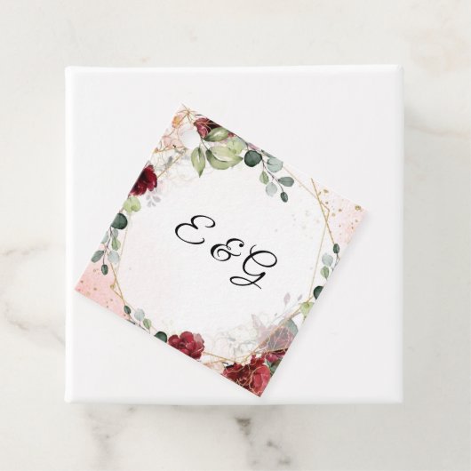 Lush bordeaux bloemengoud lijst boho bruiloft bedankjes labels (In situ)