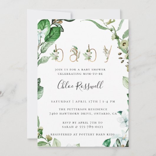 Lush Botanical Greenery Baby shower Invitation Kaart (Voorkant)