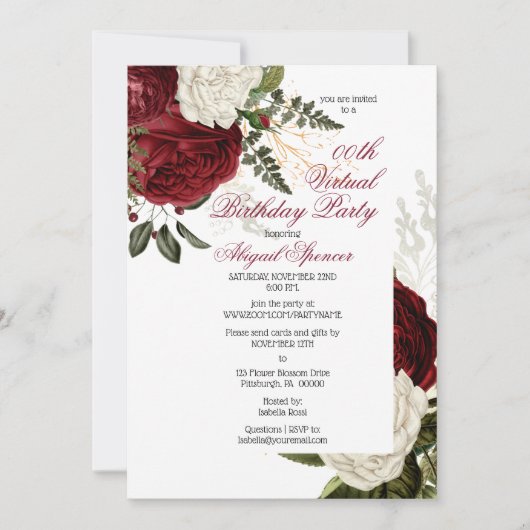 Lush Bourgondië Floral virtueel verjaardagsfeest Kaart (Voorkant)