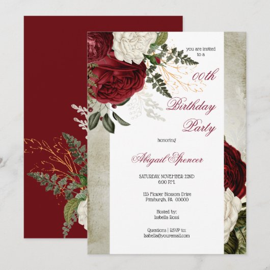 Lush Bourgondië Floral Volwassen Verjaardagsfeest Kaart (Voorkant / Achterkant)