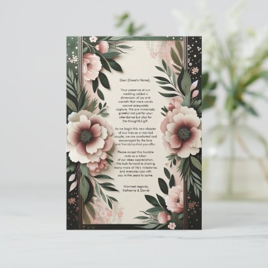 Lush Donkergroen en Blush Roze Bloemenbruiloft Bedankkaart (Staand voorkant)