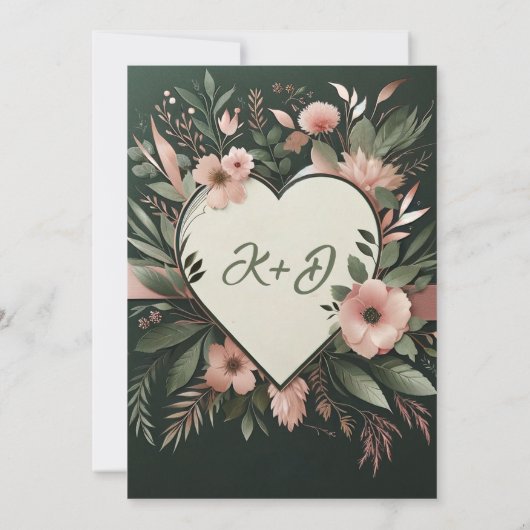 Lush Donkergroen en Blush Roze Bloemenbruiloft Kaart (Achterkant)