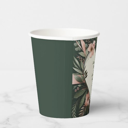 Lush Donkergroen en Blush Roze Bloemenbruiloft Papieren Bekers (Rechts)