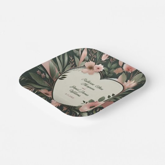 Lush Donkergroen en Blush Roze Bloemenbruiloft Papieren Bordje (Gebogen)