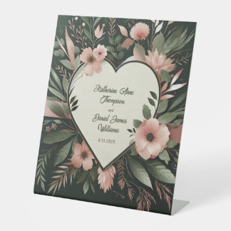 Lush Donkergroen en Blush Roze Bloemenbruiloft Reclamebord Met Voetstuk